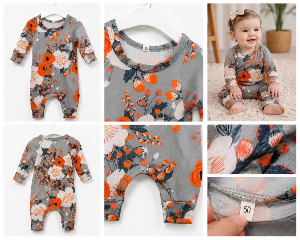 Infant Floral Long Sleeve Romper – Gray with Orange & White Floral Print